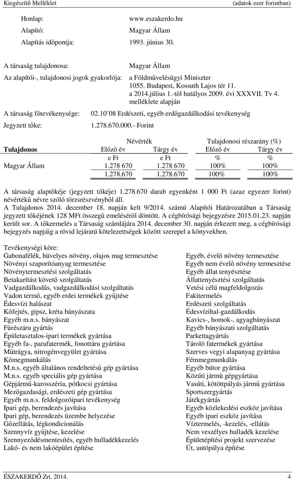 július 1.-től hatályos 2009. évi XXXVII. Tv 4. melléklete alapján 02.10 08 Erdészeti, egyéb erdőgazdálkodási tevékenység 1.278.670.000.