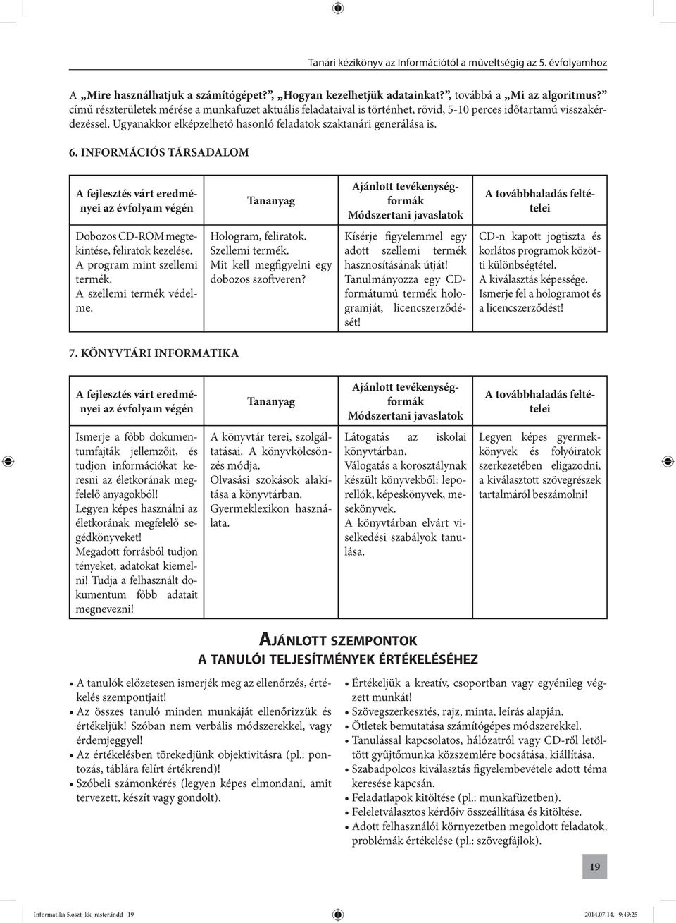 INFORMÁCIÓS TÁRSADALOM A fejlesztés várt eredményei az évfolyam végén Tananyag Ajánlott tevékenységformák Módszertani javaslatok A továbbhaladás feltételei Dobozos CD-ROM megtekintése, feliratok