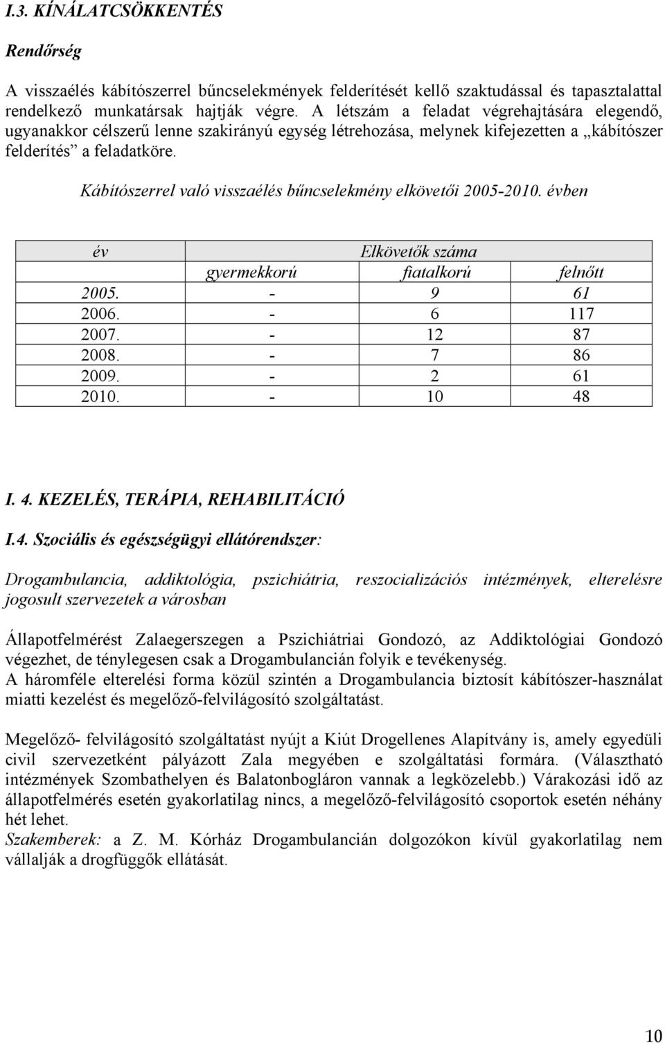 Kábítószerrel való visszaélés bűncselekmény elkövetői 2005-2010. évben év Elkövetők száma gyermekkorú fiatalkorú felnőtt 2005. - 9 61 2006. - 6 117 2007. - 12 87 2008. - 7 86 2009. - 2 61 2010.