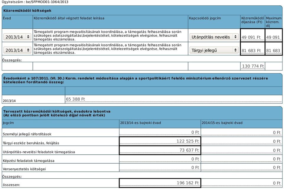 Támogatott program megvalósításának koordinálása, a támogatás  Utánpótlás nevelés Tárgyi jellegű Maximum közrem. díj 49 091 Ft 49 091 Ft 81 683 Ft 81 683 Ft 130 774 Ft Évadonként a 107/2011. (VI. 30.