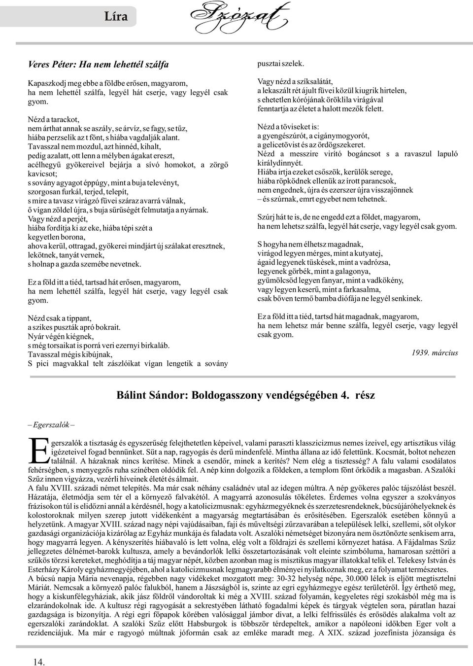 Tavasszal nem mozdul, azt hinnéd, kihalt, pedig azalatt, ott lenn a mélyben ágakat ereszt, acélhegyû gyökereivel bejárja a sívó homokot, a zörgõ kavicsot; s sovány agyagot éppúgy, mint a buja