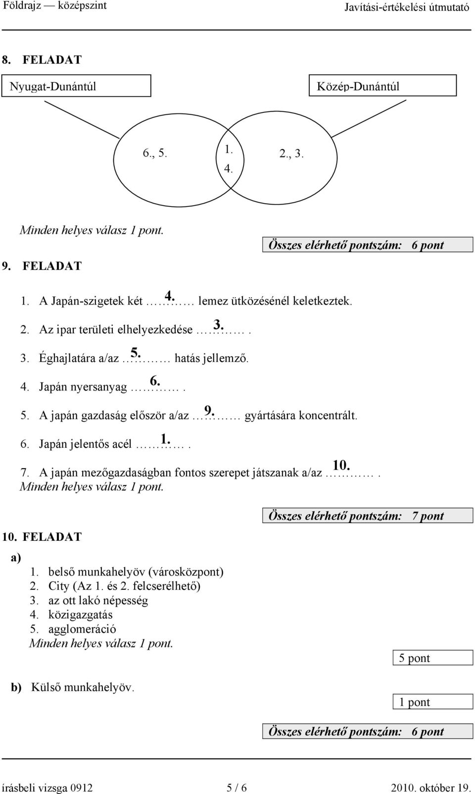 A japán mezőgazdaságban fontos szerepet játszanak a/az. Minden helyes válasz. 10. FELADAT a) 1. belső munkahelyöv (városközpont) 2. City (Az 1. és 2. felcserélhető) 3.