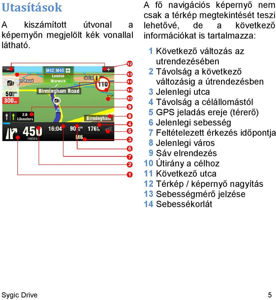 utrendezésében 2 Távolság a következő változásig a útrendezésben 3 Jelenlegi utca 4 Távolság a célállomástól 5 GPS jeladás ereje (térerő) 6