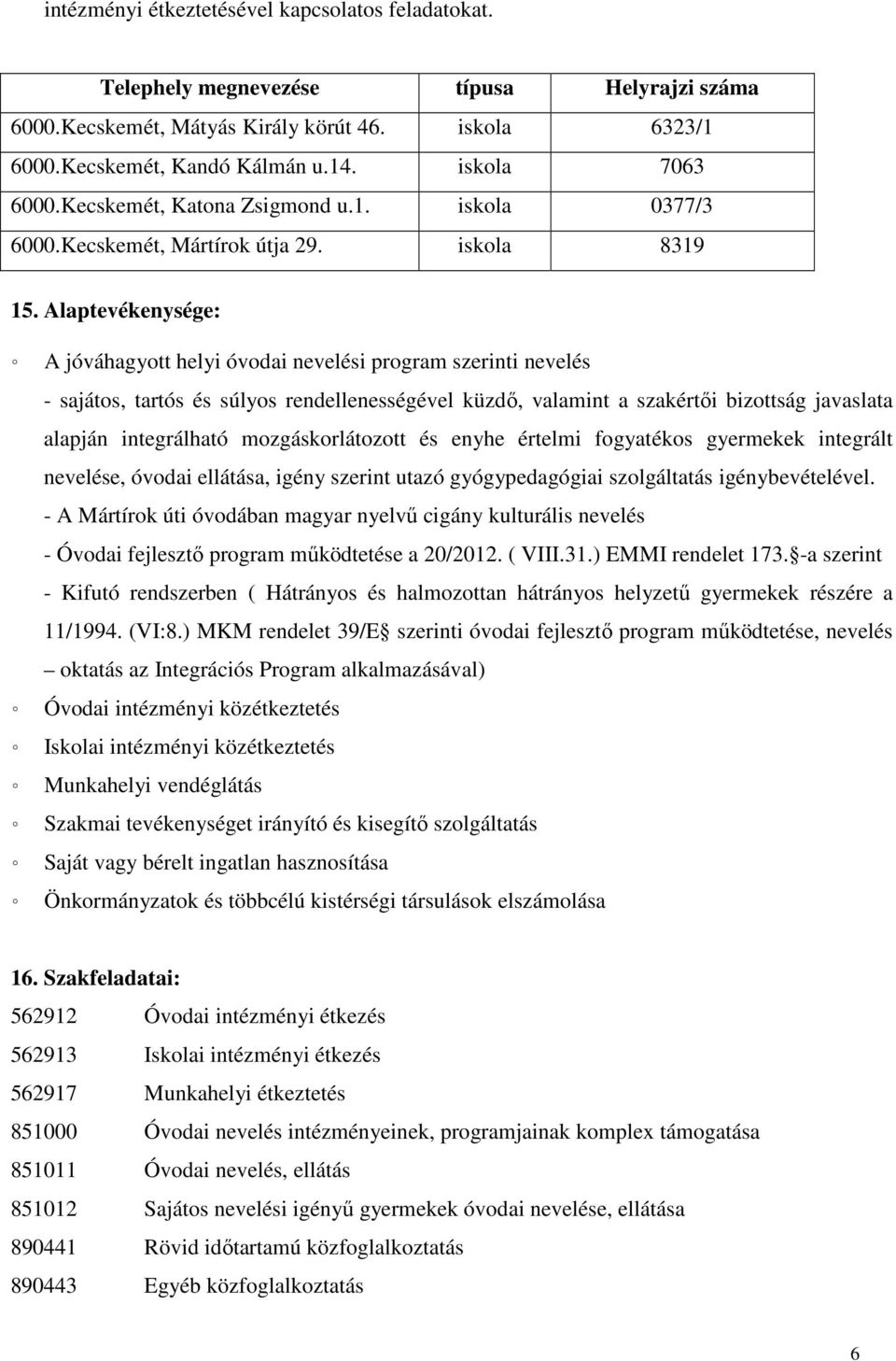 Alaptevékenysége: º A jóváhagyott helyi óvodai nevelési program szerinti nevelés - sajátos, tartós és súlyos rendellenességével küzdő, valamint a szakértői bizottság javaslata alapján integrálható