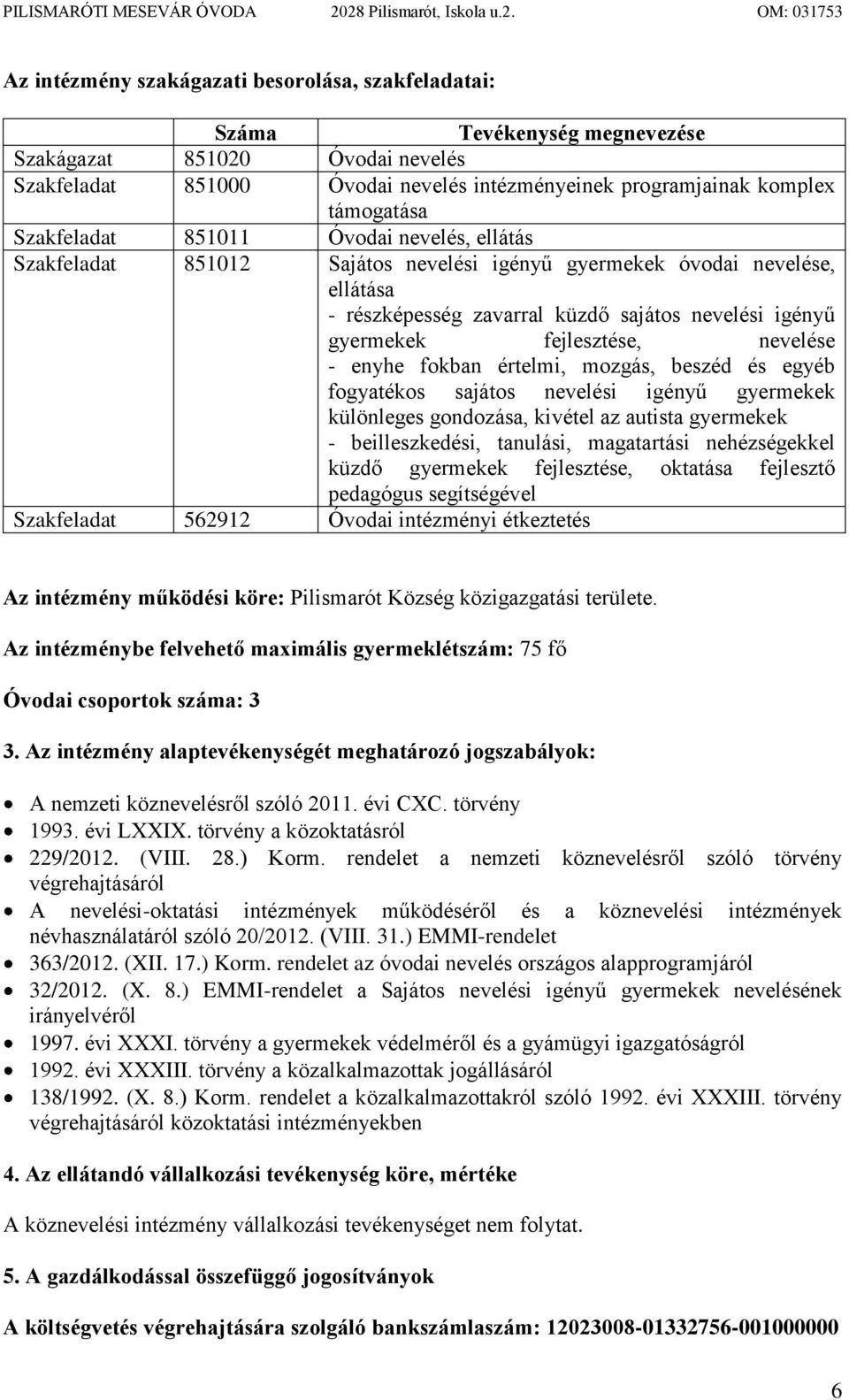 intézményeinek programjainak komplex támogatása Szakfeladat 851011 Óvodai nevelés, ellátás Szakfeladat 851012 Sajátos nevelési igényű gyermekek óvodai nevelése, ellátása - részképesség zavarral küzdő