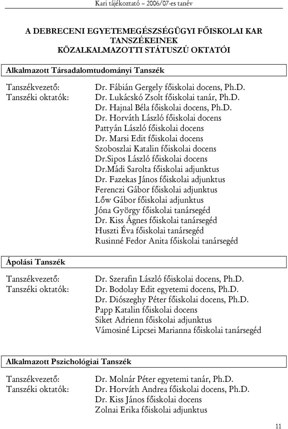 Marsi Edit főiskolai docens Szoboszlai Katalin főiskolai docens Dr.Sipos László főiskolai docens Dr.Mádi Sarolta főiskolai adjunktus Dr.