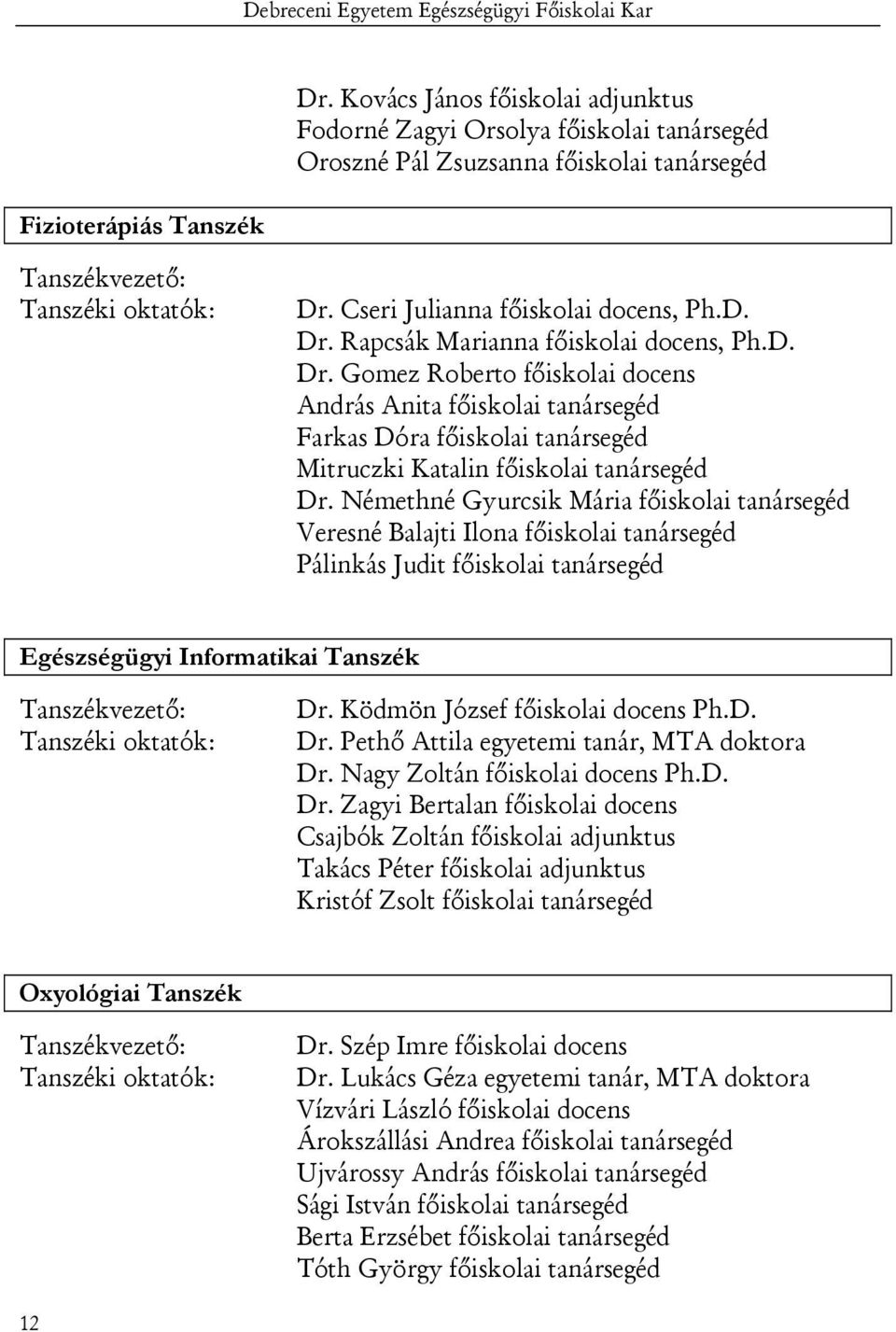 D. Dr. Gomez Roberto főiskolai docens András Anita főiskolai tanársegéd Farkas Dóra főiskolai tanársegéd Mitruczki Katalin főiskolai tanársegéd Dr.