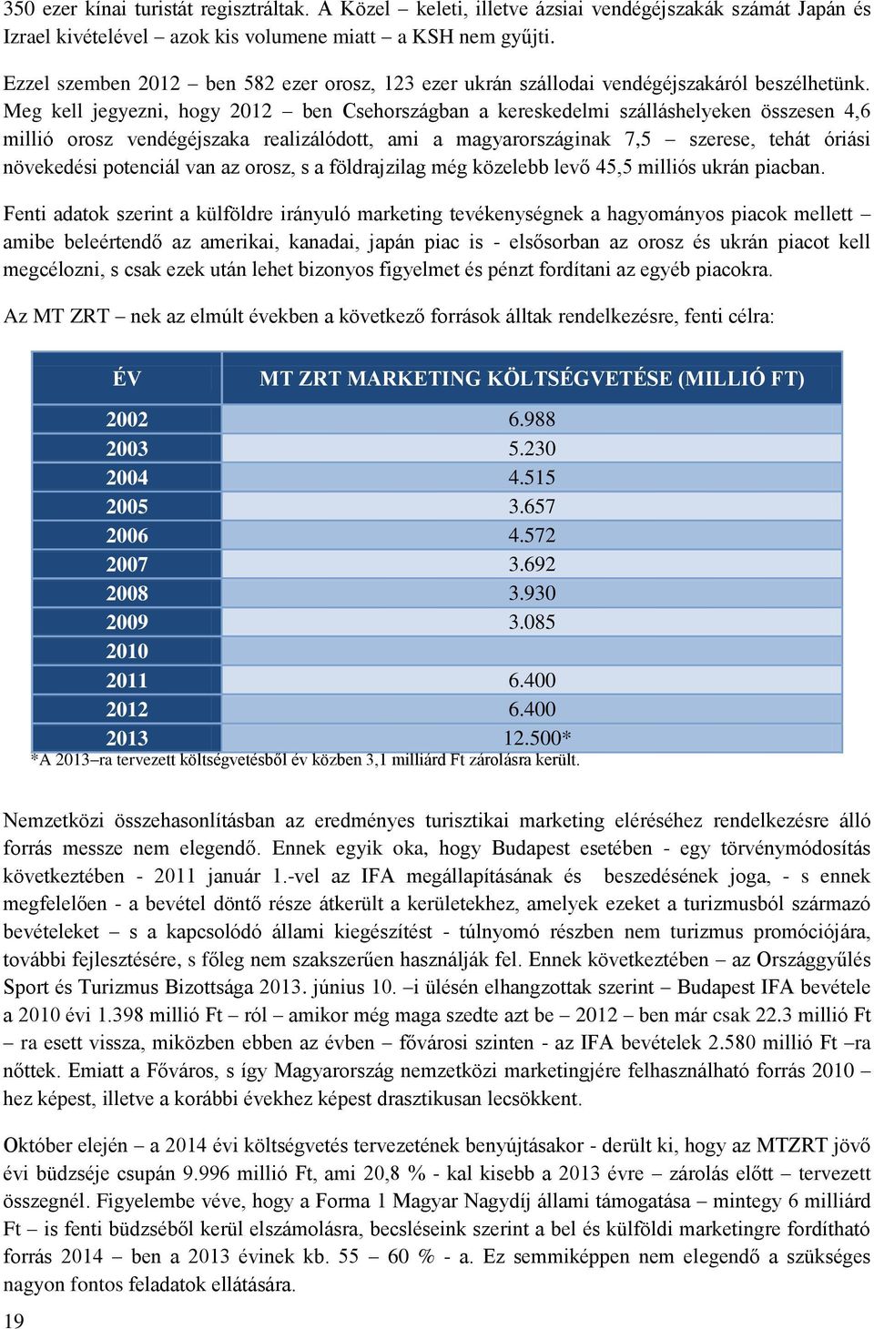 Meg kell jegyezni, hogy 2012 ben Csehországban a kereskedelmi szálláshelyeken összesen 4,6 millió orosz vendégéjszaka realizálódott, ami a magyarországinak 7,5 szerese, tehát óriási növekedési