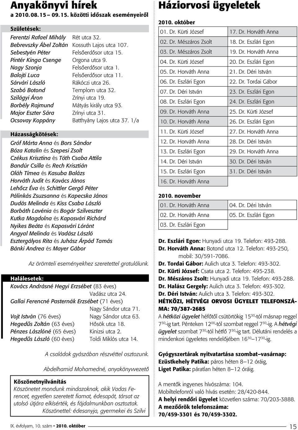 Szabó Botond Templom utca 32. Szilágyi Áron Zrínyi utca 19. Borbély Rajmund Mátyás király utca 93. Major Eszter Sára Zrínyi utca 31. Ocsovay Koppány Batthyány Lajos utca 37.