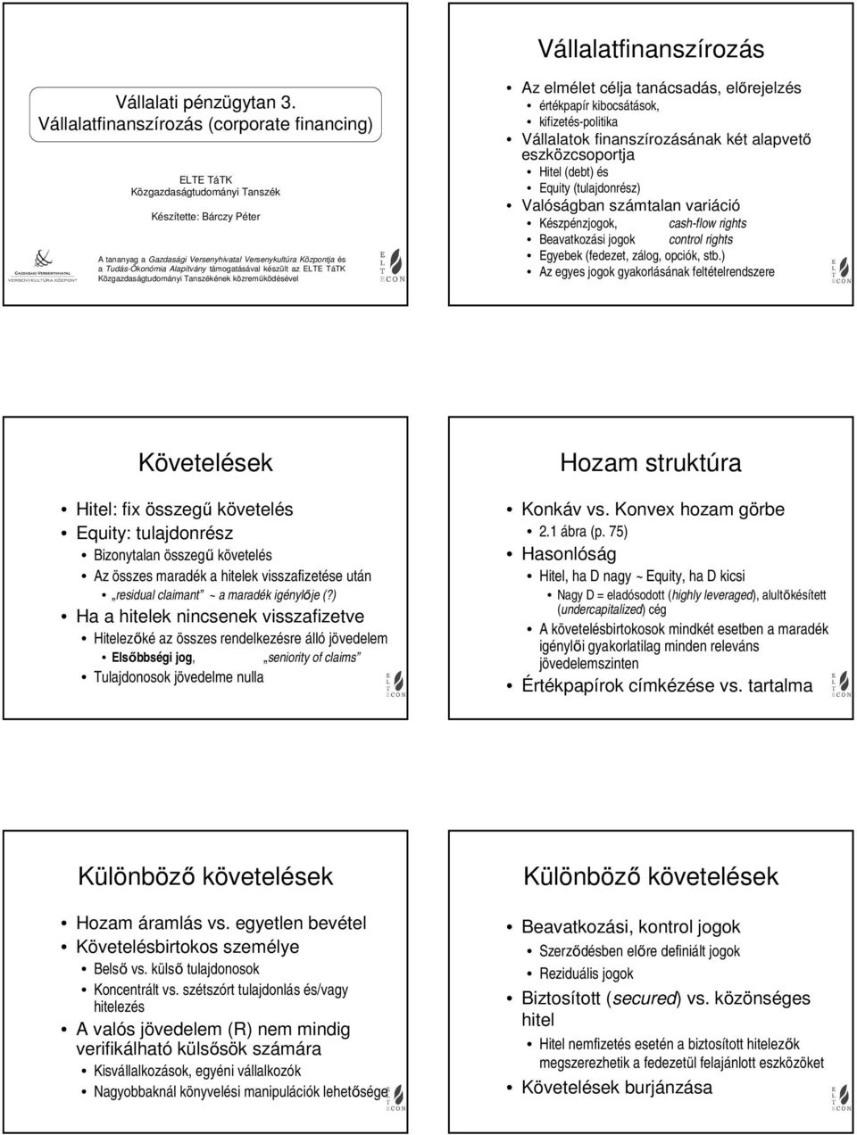 Alapítvány támogatásával készült az ELTE TáTK Közgazdaságtudományi Tanszékének közreműködésével Az elmélet célja tanácsadás, előrejelzés értékpapír kibocsátások, kifizetés-politika Vállalatok