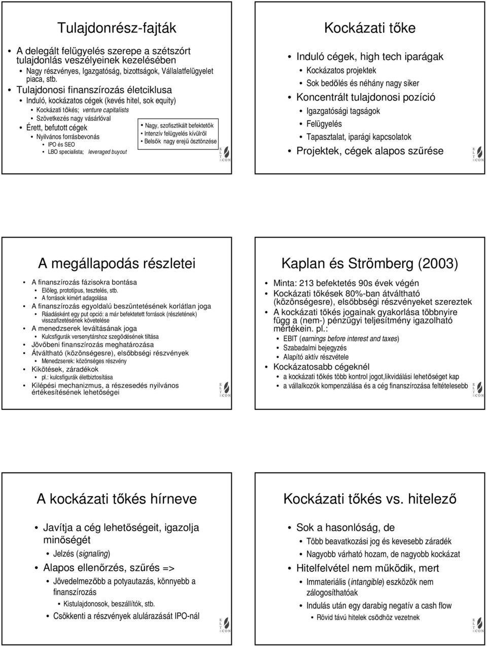 IPO és SEO LBO specialista; leveraged buyout Nagy, szofisztikált befektetők Intenzív felügyelés kívülről Belsők nagy erejű ösztönzése Kockázati tőke Induló cégek, high tech iparágak Kockázatos