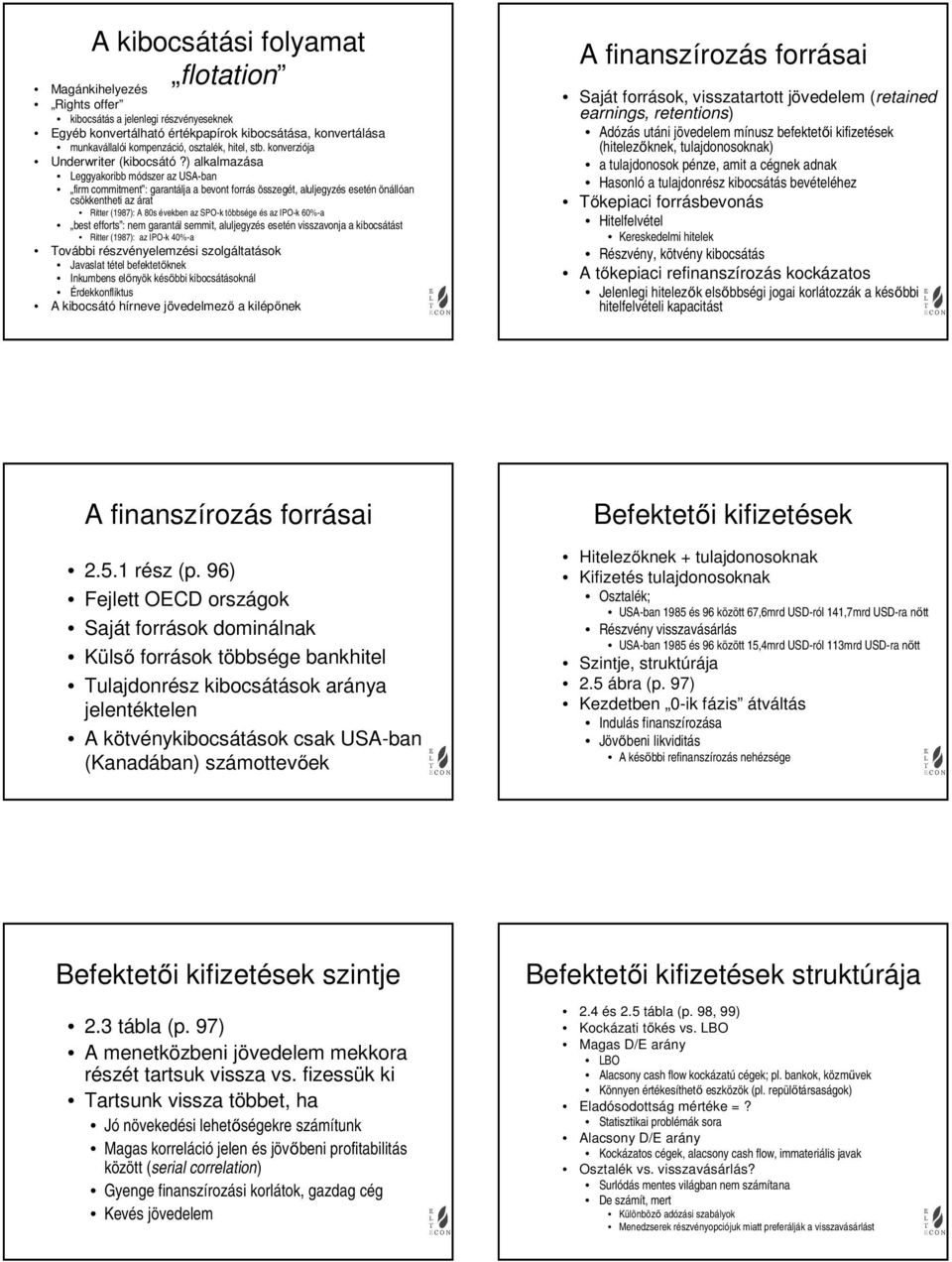 ) alkalmazása Leggyakoribb módszer az USA-ban firm commitment : garantálja a bevont forrás összegét, aluljegyzés esetén önállóan csökkentheti az árat Ritter (987): A 80s években az SPO-k többsége és