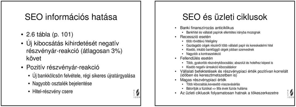 Hitel-részvény csere SEO és üzleti ciklusok Banki finanszírozás anticiklikus Bankhitel és vállalati papírok ellentétes irányba mozognak Recesszió esetén több rövidtávú hiteligény Gazdagabb cégek