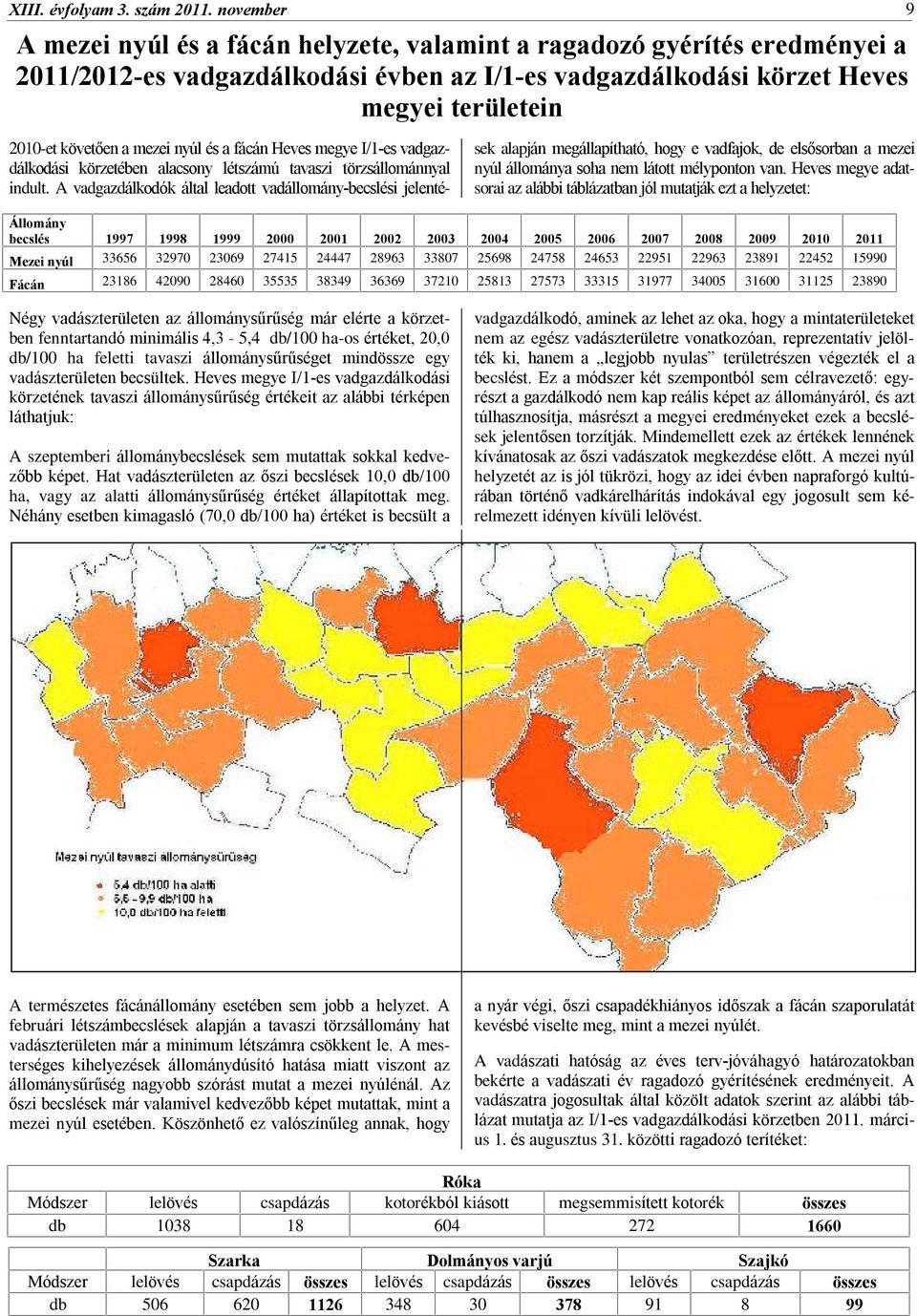 mezei nyúl és a fácán Heves megye I/1-es vadgazdálkodási körzetében alacsony létszámú tavaszi törzsállománnyal indult.