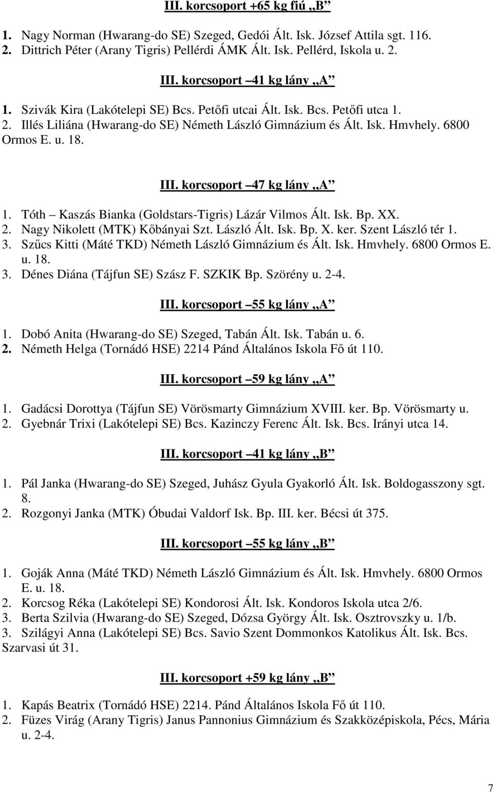 korcsoport 47 kg lány A 1. Tóth Kaszás Bianka (Goldstars-Tigris) Lázár Vilmos Ált. Isk. Bp. XX. 2. Nagy Nikolett (MTK) Kőbányai Szt. László Ált. Isk. Bp. X. ker. Szent László tér 1. 3.