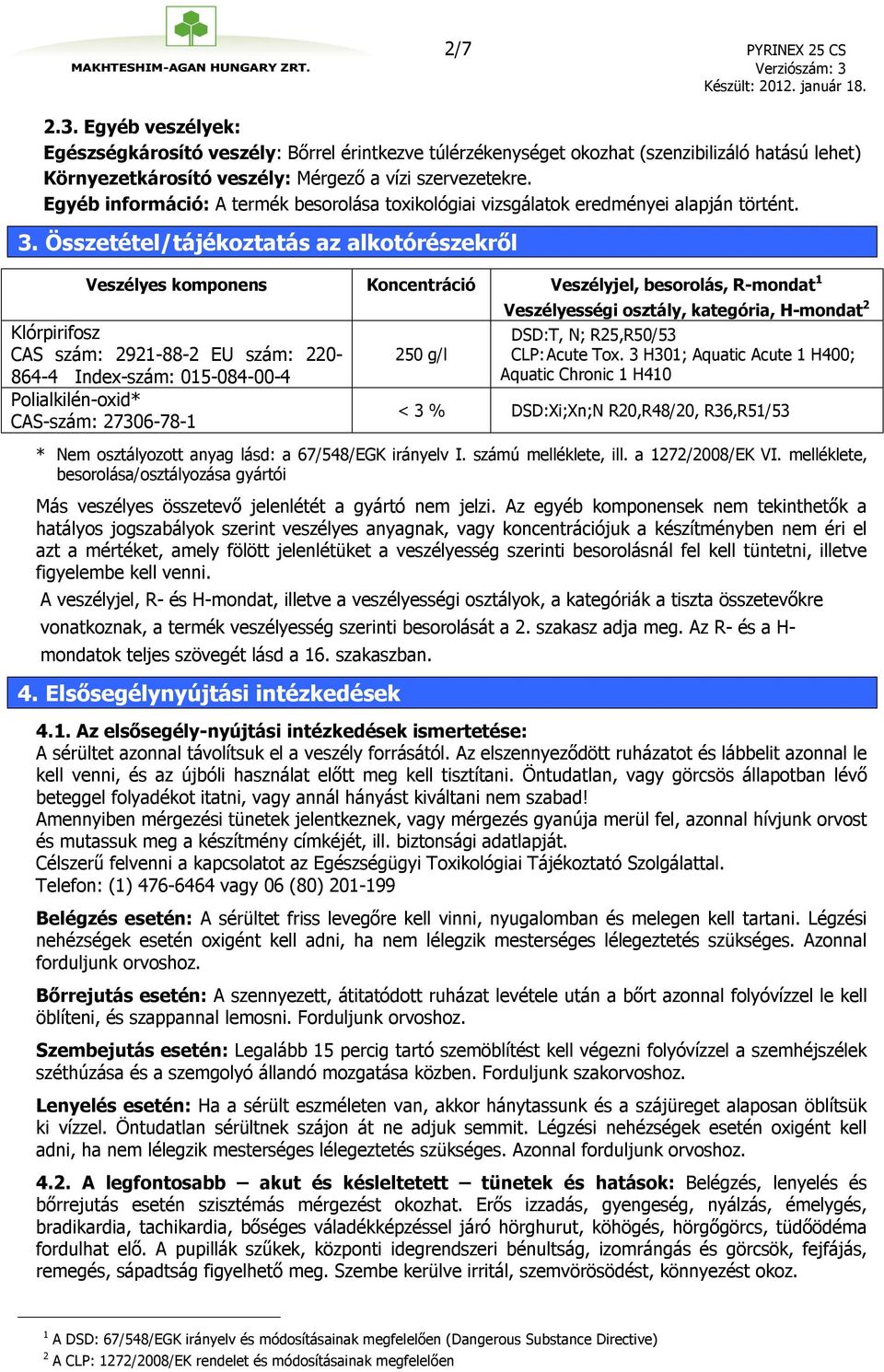 Összetétel/tájékoztatás az alkotórészekről Veszélyes komponens Koncentráció Veszélyjel, besorolás, R-mondat 1 Klórpirifosz CAS szám: 2921-88-2 EU szám: 220-864-4 Index-szám: 015-084-00-4