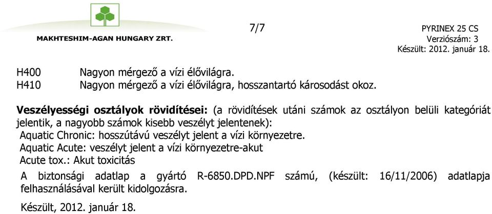 jelentenek): Aquatic Chronic: hosszútávú veszélyt jelent a vízi környezetre. Aquatic Acute: veszélyt jelent a vízi környezetre-akut Acute tox.