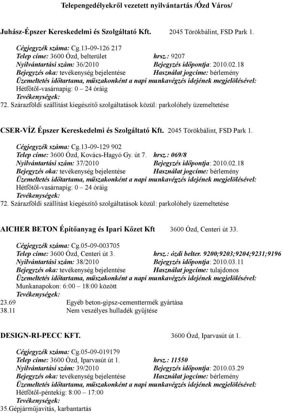 Szárazföldi szállítást kiegészítő szolgáltatások közül: parkolóhely üzemeltetése CSER-VÍZ Épszer Kereskedelmi és Szolgáltató Kft. 2045 Törökbálint, FSD Park 1. Cégjegyzék száma: Cg.