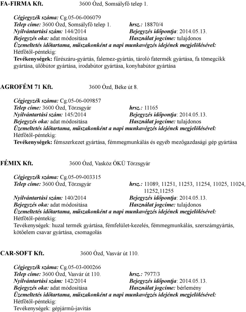 Cégjegyzék száma: Cg.05-06-009857 Telep címe: 3600 Ózd, Törzsgyár hrsz.: 11165 Nyilvántartási szám: 145/2014 Bejegyzés időpontja: 2014.05.13.