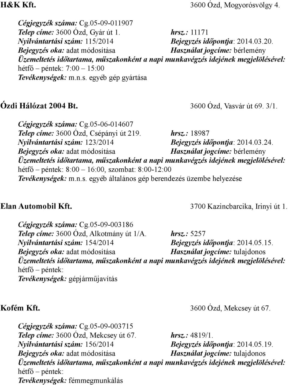 : 18987 Nyilvántartási szám: 123/2014 Bejegyzés időpontja: 2014.03.24. hétfő péntek: 8:00 16:00, szombat: 8:00-12:00 Tevékenységek: m.n.s. egyéb általános gép berendezés üzembe helyezése Elan Automobil Kft.