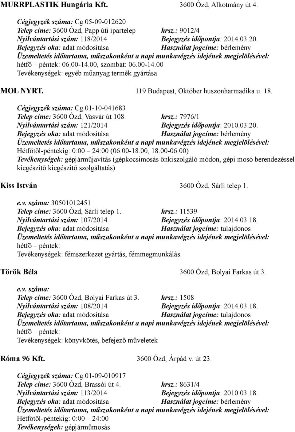 01-10-041683 Telep címe: 3600 Ózd, Vasvár út 108. hrsz.: 7976/1 Nyilvántartási szám: 121/2014 Bejegyzés időpontja: 2010.03.20. 0:00 24:00 (06.00-18.00, 18.00-06.