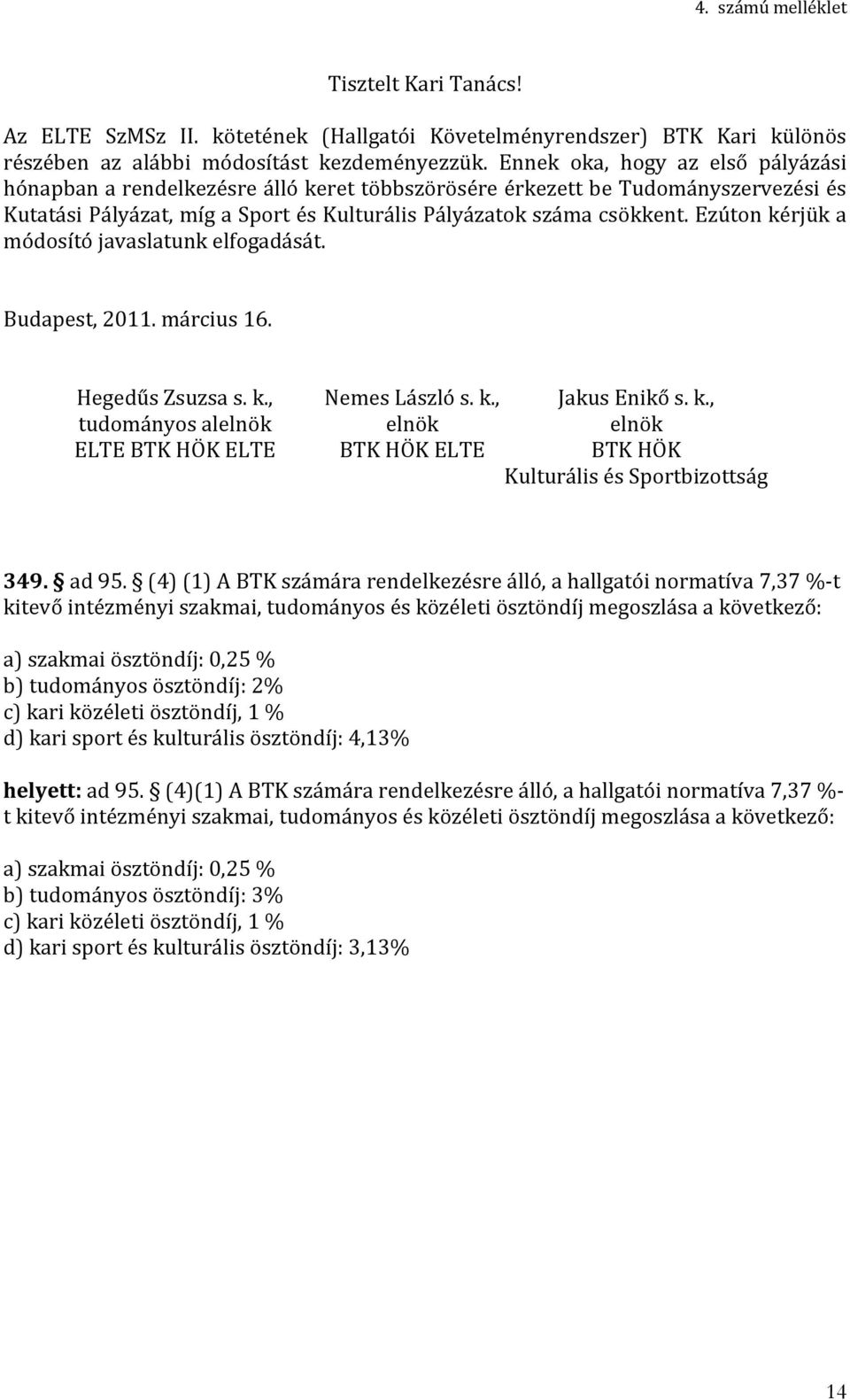 Ezúton kérjük a módosító javaslatunk elfogadását. Budapest, 2011. március 16. Hegedűs Zsuzsa s. k., Nemes László s. k., Jakus Enikő s. k., tudományos alelnök elnök elnök ELTE BTK HÖK ELTE BTK HÖK ELTE BTK HÖK Kulturális és Sportbizottság 349.