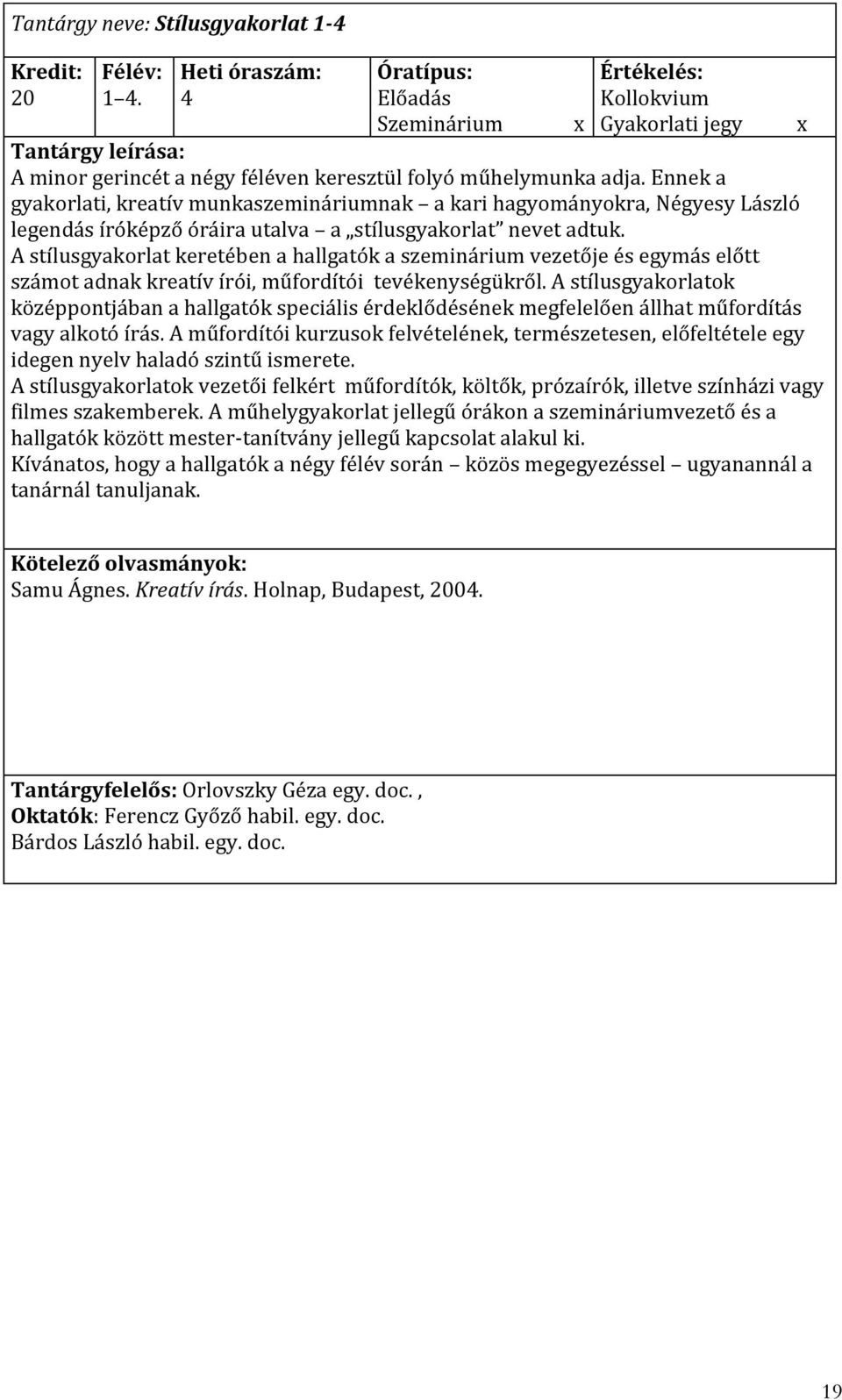 Ennek a gyakorlati, kreatív munkaszemináriumnak a kari hagyományokra, Négyesy László legendás íróképző óráira utalva a stílusgyakorlat nevet adtuk.