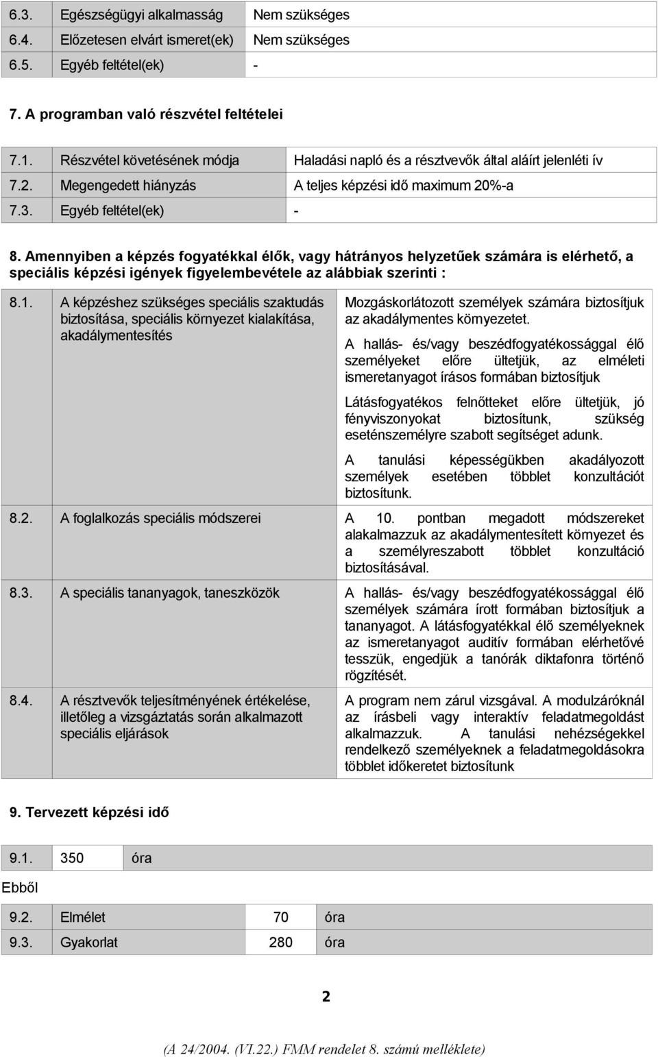 Amennyiben a képzés fogyatékkal élők, vagy hátrányos helyzetűek számára is elérhető, a speciális képzési igények figyelembevétele az alábbiak szerinti : 8.1.