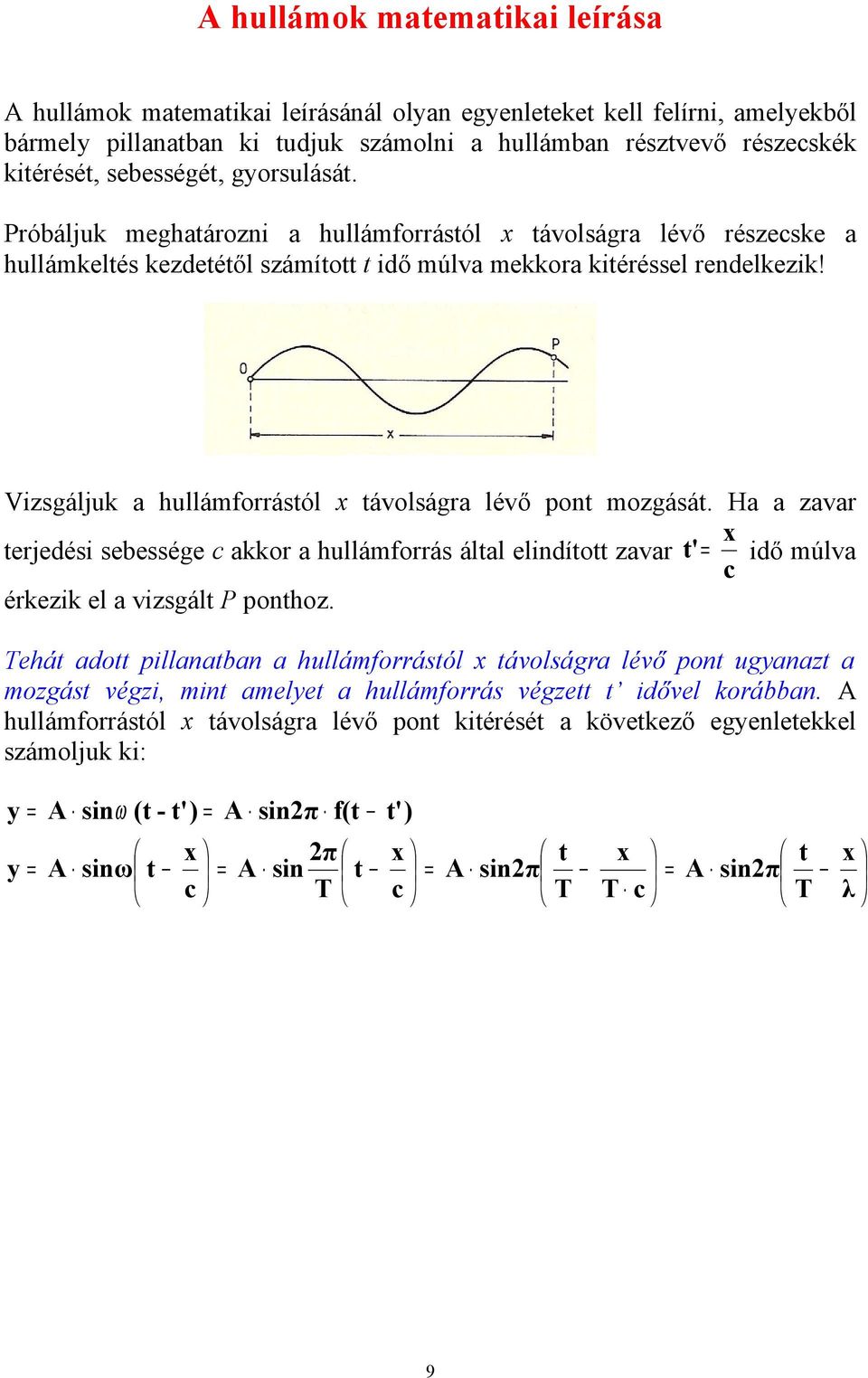 Vizsgáljuk a hullámorrástól x távolságra lévő pont mozgását. Ha a zavar x terjedési sebessége c akkor a hullámorrás által elindított zavar t'= idő múlva c érkezik el a vizsgált P ponthoz.