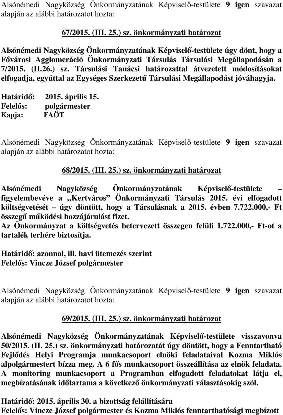 Társulási Tanácsi határozattal átvezetett módosításokat elfogadja, egyúttal az Egységes Szerkezetű Társulási Megállapodást jóváhagyja. Határidő: 2015. április 15.