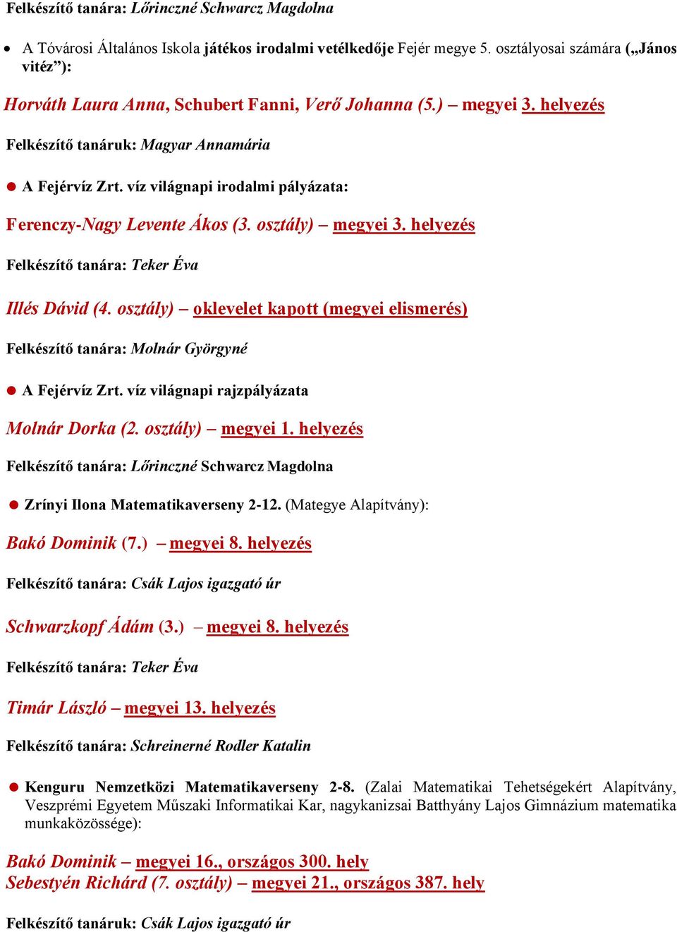 víz világnapi irodalmi pályázata: Ferenczy-Nagy Levente Ákos (3. osztály) megyei 3. helyezés Felkészítő tanára: Teker Éva Illés Dávid (4.