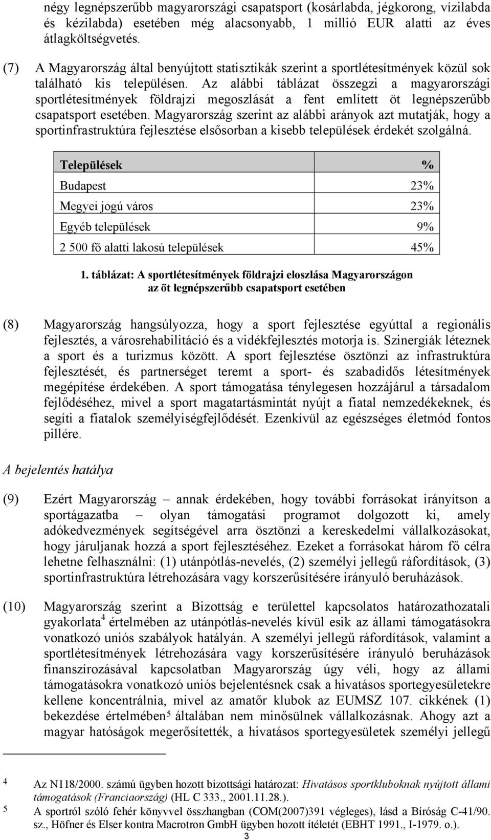 Az alábbi táblázat összegzi a magyarországi sportlétesítmények földrajzi megoszlását a fent említett öt legnépszerűbb csapatsport esetében.