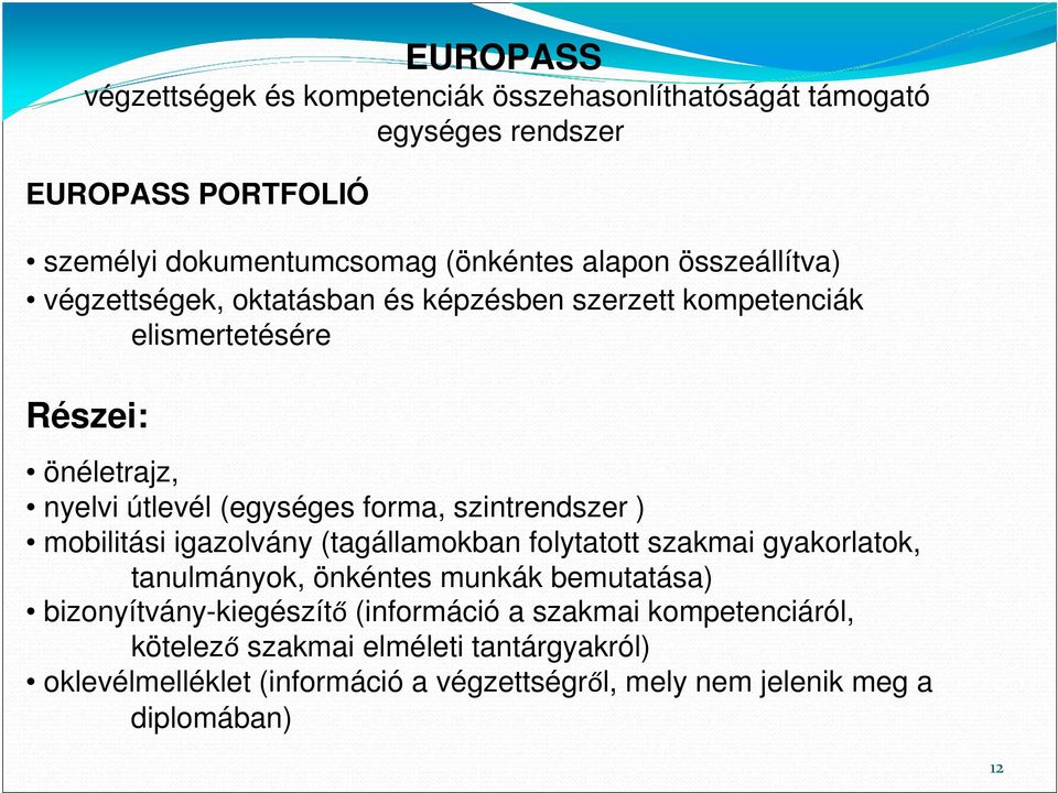 szintrendszer ) mobilitási igazolvány (tagállamokban folytatott szakmai gyakorlatok, tanulmányok, önkéntes munkák bemutatása) bizonyítvány-kiegészítő