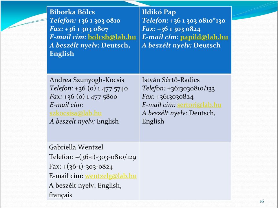 hu A beszélt nyelv: Deutsch Andrea Szunyogh-Kocsis Telefon: +36 (0) 1 477 5740 Fax: +36 (0) 1 477 5800 E-mail cím: szkocsisa@lab.