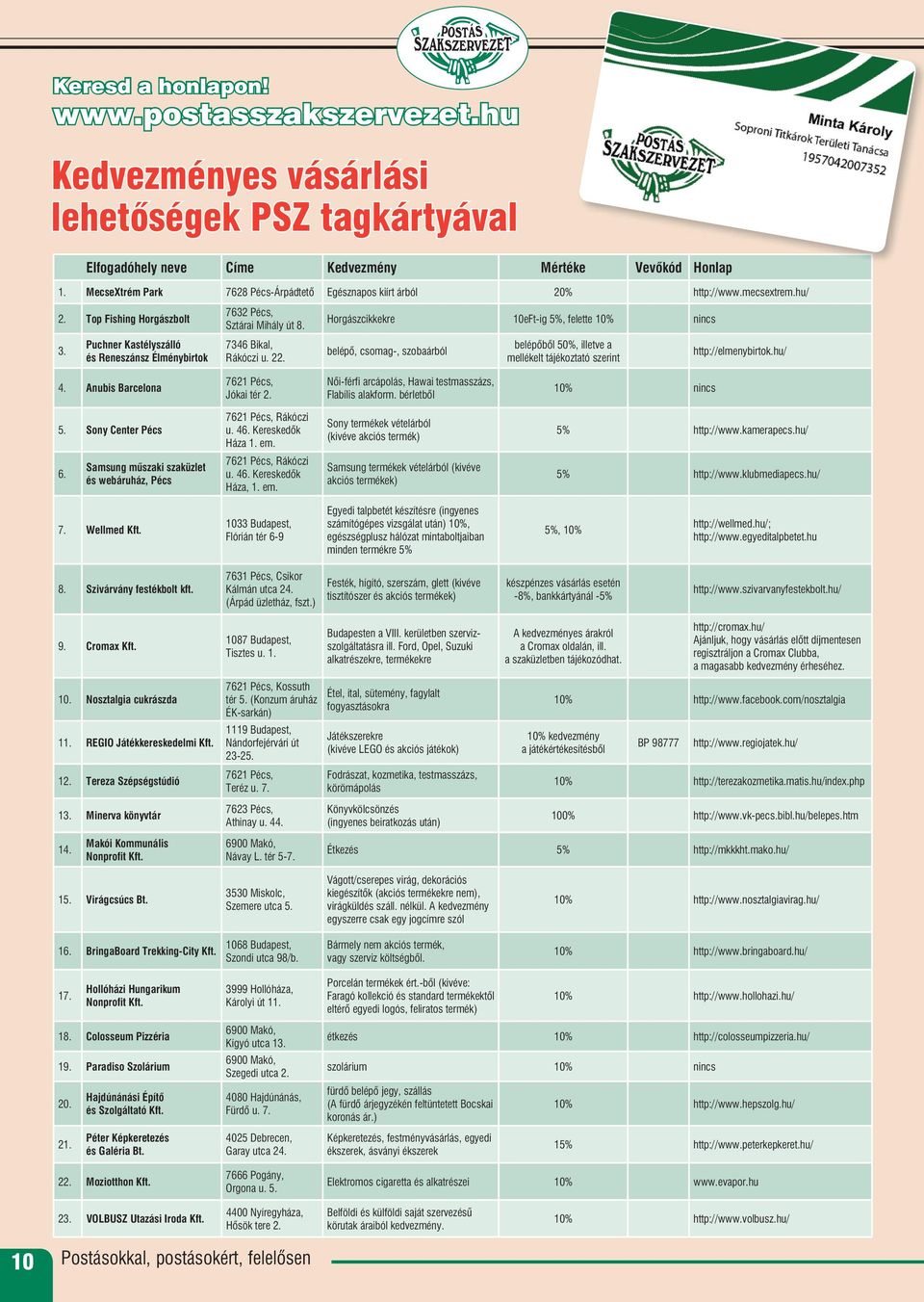 7346 Bikal, Rákóczi u. 22. Horgászcikkekre 10eFt-ig 5%, felette 10% nincs belépô, csomag-, szobaárból belépôbôl 50%, illetve a mellékelt tájékoztató szerint http://elmenybirtok.hu/ 4.