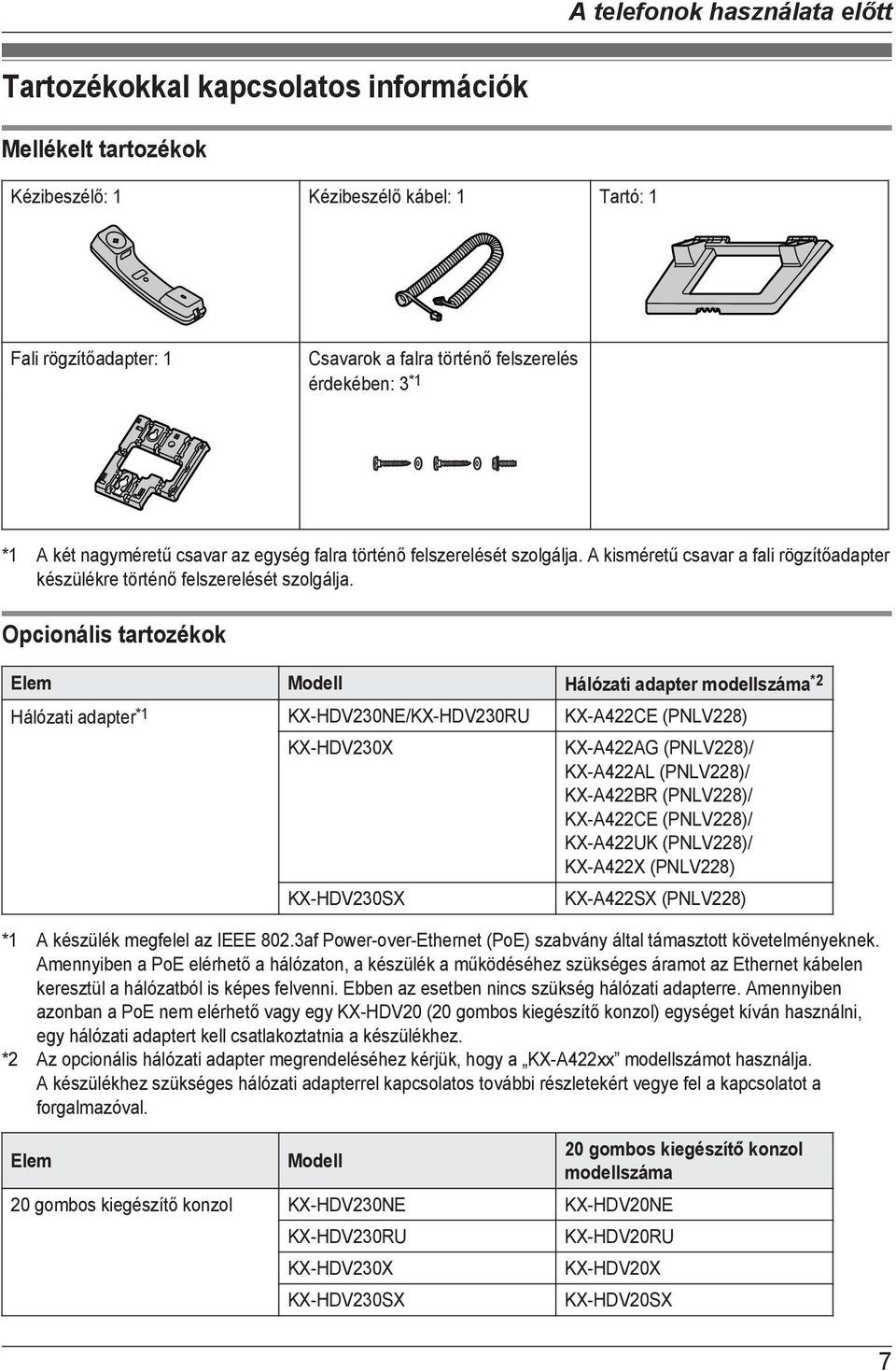 Opcionális tartozékok Elem Modell Hálózati adapter modellszáma *2 Hálózati adapter *1 KX-HDV230NE/KX-HDV230RU KX-A422CE (PNLV228) KX-HDV230X KX-HDV230SX KX-A422AG (PNLV228)/ KX-A422AL (PNLV228)/