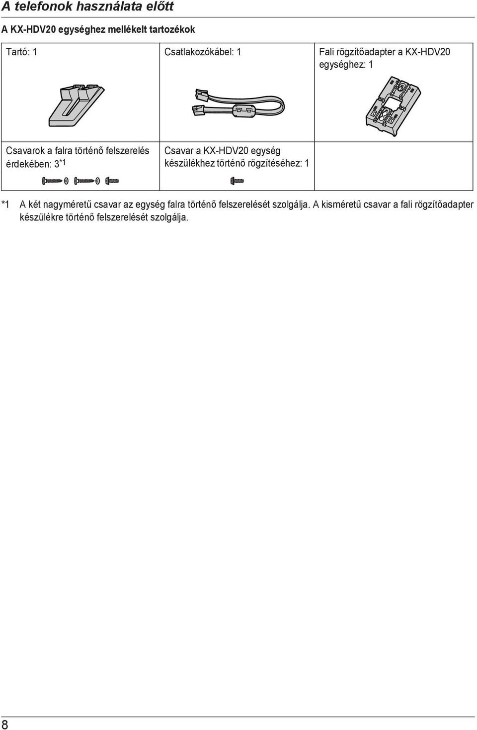 KX-HDV20 egység készülékhez történő rögzítéséhez: 1 *1 A két nagyméretű csavar az egység falra történő