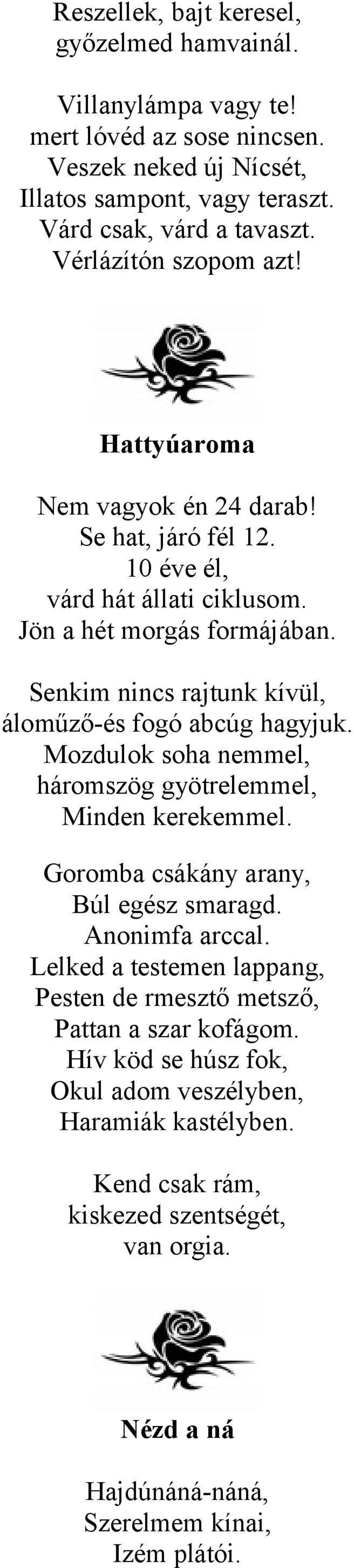 Senkim nincs rajtunk kívül, áloműző-és fogó abcúg hagyjuk. Mozdulok soha nemmel, háromszög gyötrelemmel, Minden kerekemmel. Goromba csákány arany, Búl egész smaragd. Anonimfa arccal.