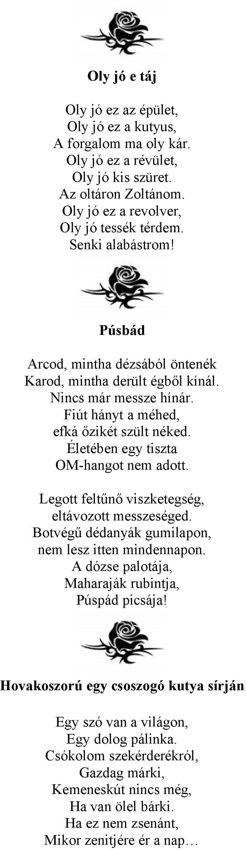 Életében egy tiszta OM-hangot nem adott. Legott feltűnő viszketegség, eltávozott messzeséged. Botvégű dédanyák gumilapon, nem lesz itten mindennapon.