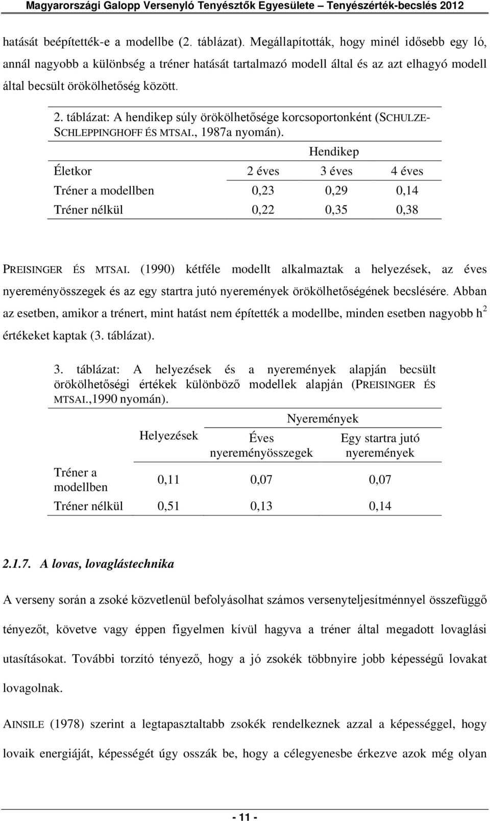 táblázat: A hendikep súly örökölhetősége korcsoportonként (SCHULZE- SCHLEPPINGHOFF ÉS MTSAI., 1987a nyomán).