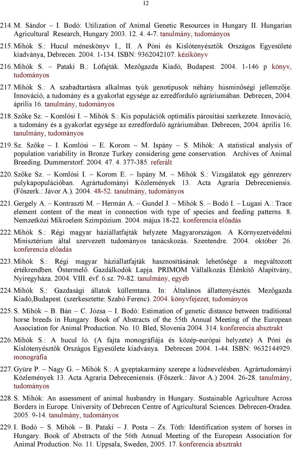 Mihók S.: A szabadtartásra alkalmas tyúk genotípusok néhány húsminőségi jellemzője. Innováció, a tudomány és a gyakorlat egysége az ezredforduló agráriumában. Debrecen, 2004. április 16.