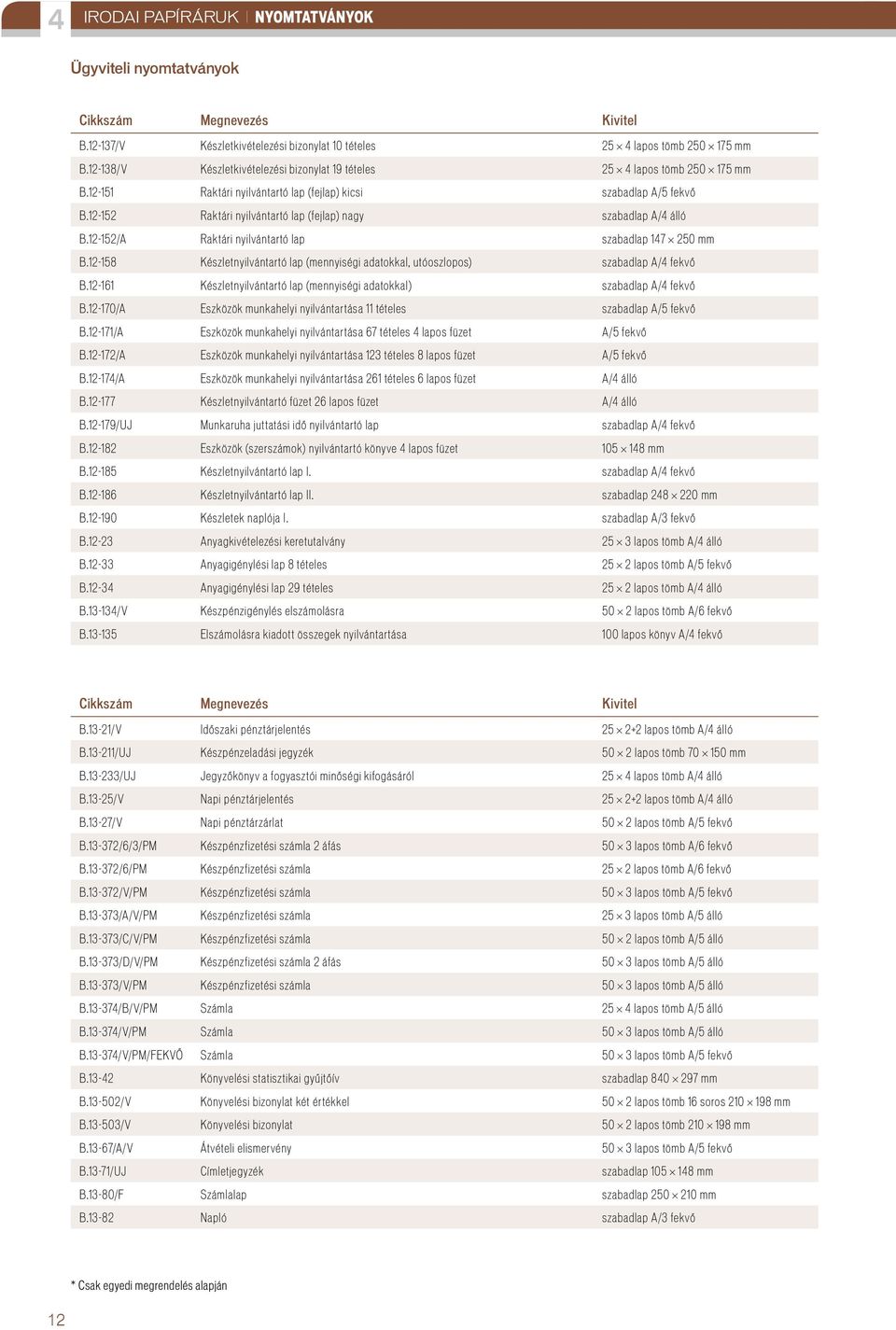 12-152 Raktári nyilvántartó lap (fejlap) nagy szabadlap A/ álló B.12-152/A Raktári nyilvántartó lap szabadlap 17 250 mm B.