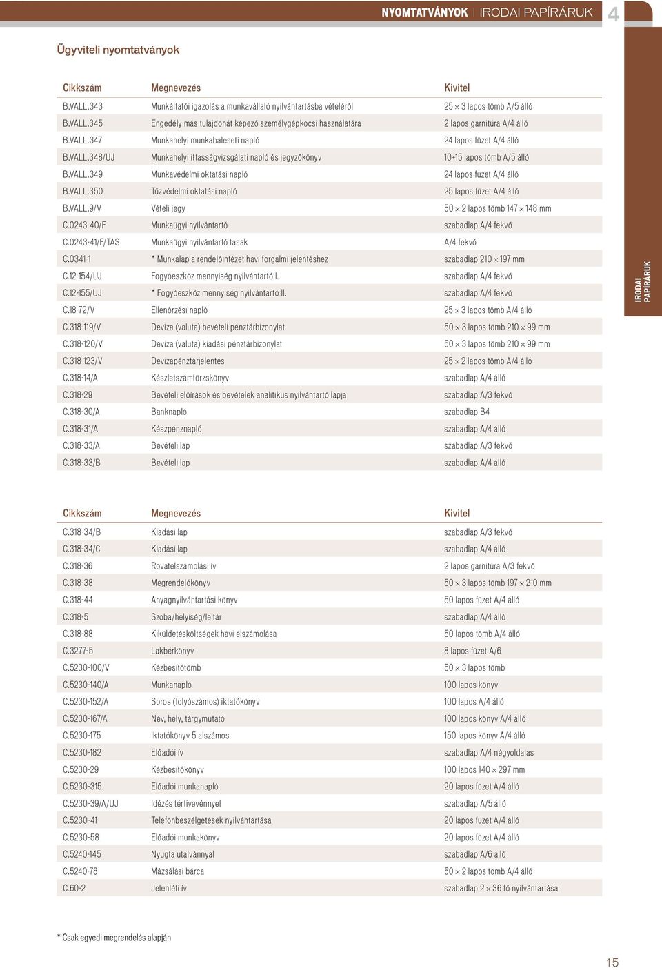 VALL.350 Tűzvédelmi oktatási napló 25 lapos füzet A/ álló B.VALL.9/V Vételi jegy 50 2 lapos tömb 17 18 mm C.023-0/F Munkaügyi nyilvántartó szabadlap A/ fekvő C.