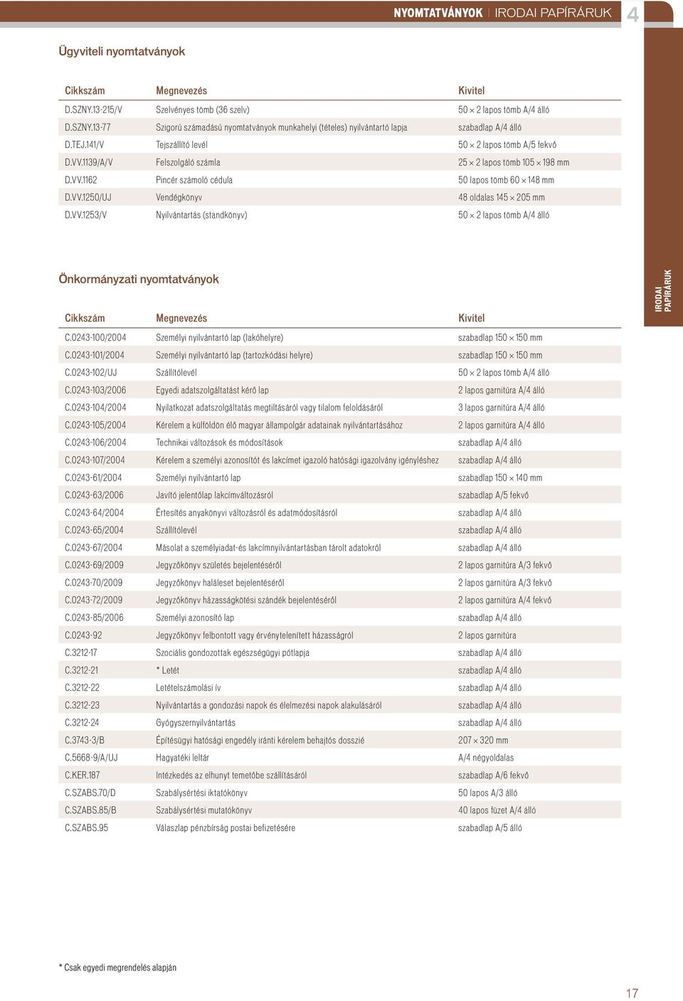 VV.1253/V Nyilvántartás (standkönyv) 50 2 lapos tömb A/ álló Önkormányzati nyomtatványok Cikkszám Megnevezés Kivitel IrodaI papíráruk C.