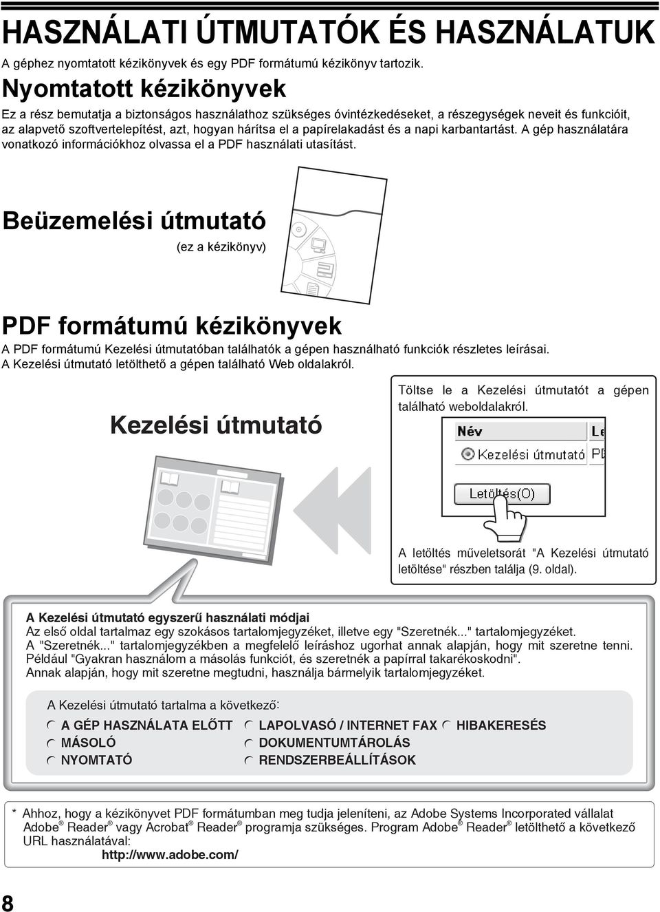 papírelakadást és a napi karbantartást. A gép használatára vonatkozó információkhoz olvassa el a PDF használati utasítást.