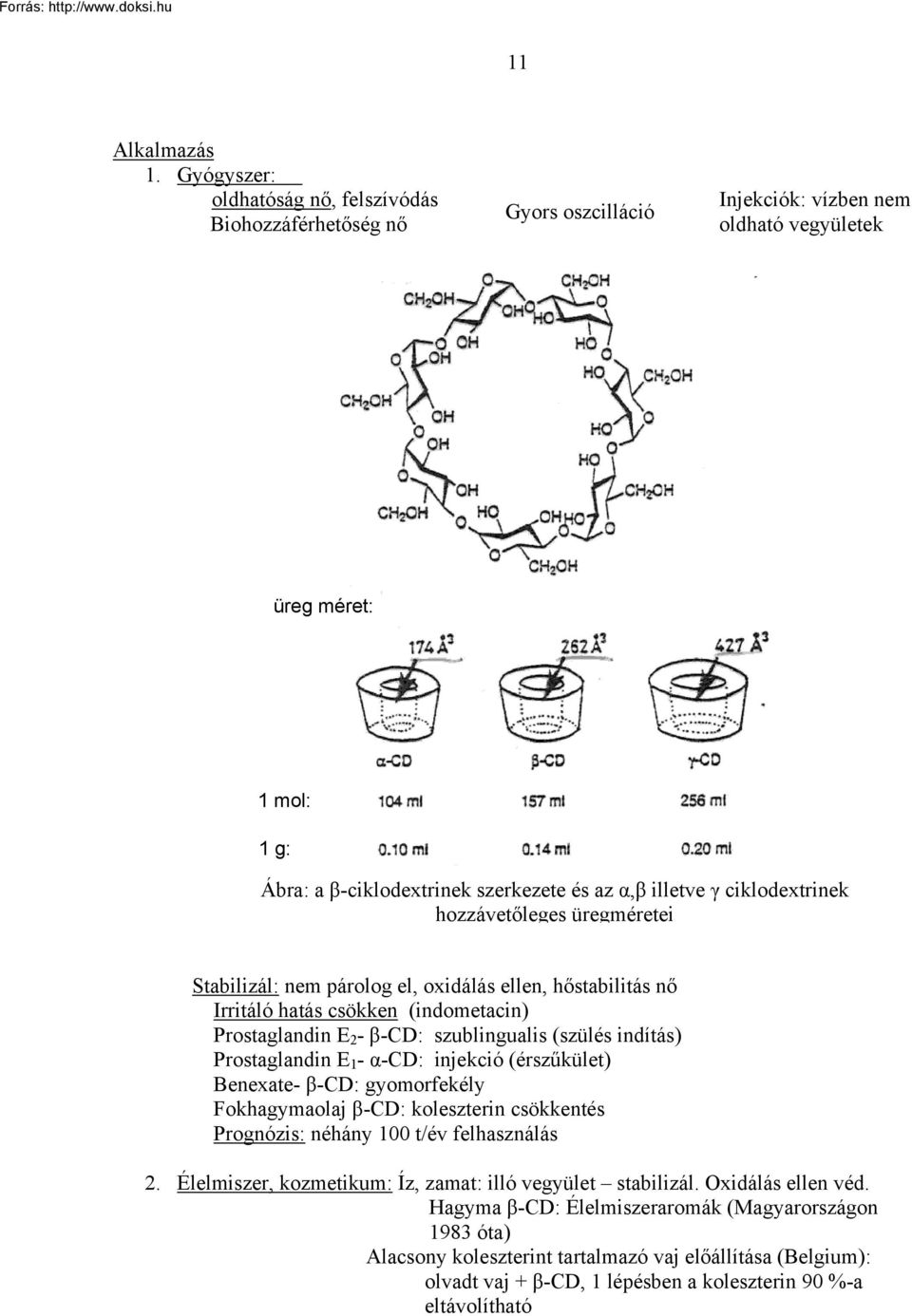 ciklodextrinek hozzávetőleges üregméretei Stabilizál: nem párolog el, oxidálás ellen, hőstabilitás nő Irritáló hatás csökken (indometacin) Prostaglandin E 2 - β-cd: szublingualis (szülés indítás)