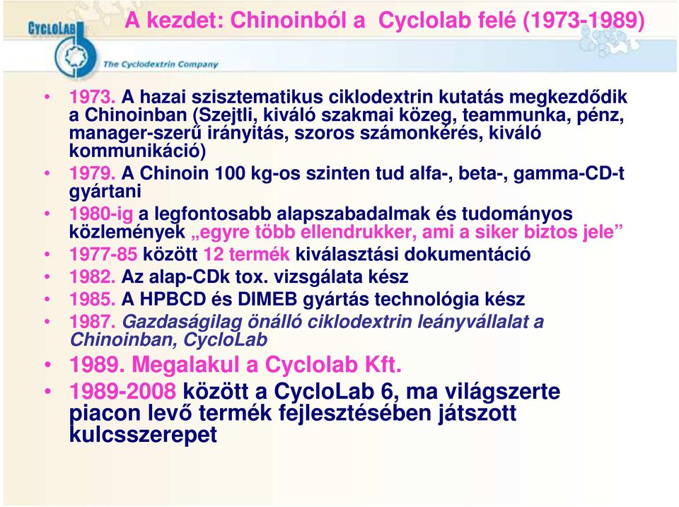 A Chinoin 100 kg-os szinten tud alfa-, beta-, gamma-cd-t gyártani 1980-ig a legfontosabb alapszabadalmak és tudományos közlemények egyre több ellendrukker, ami a siker biztos jele 1977-85