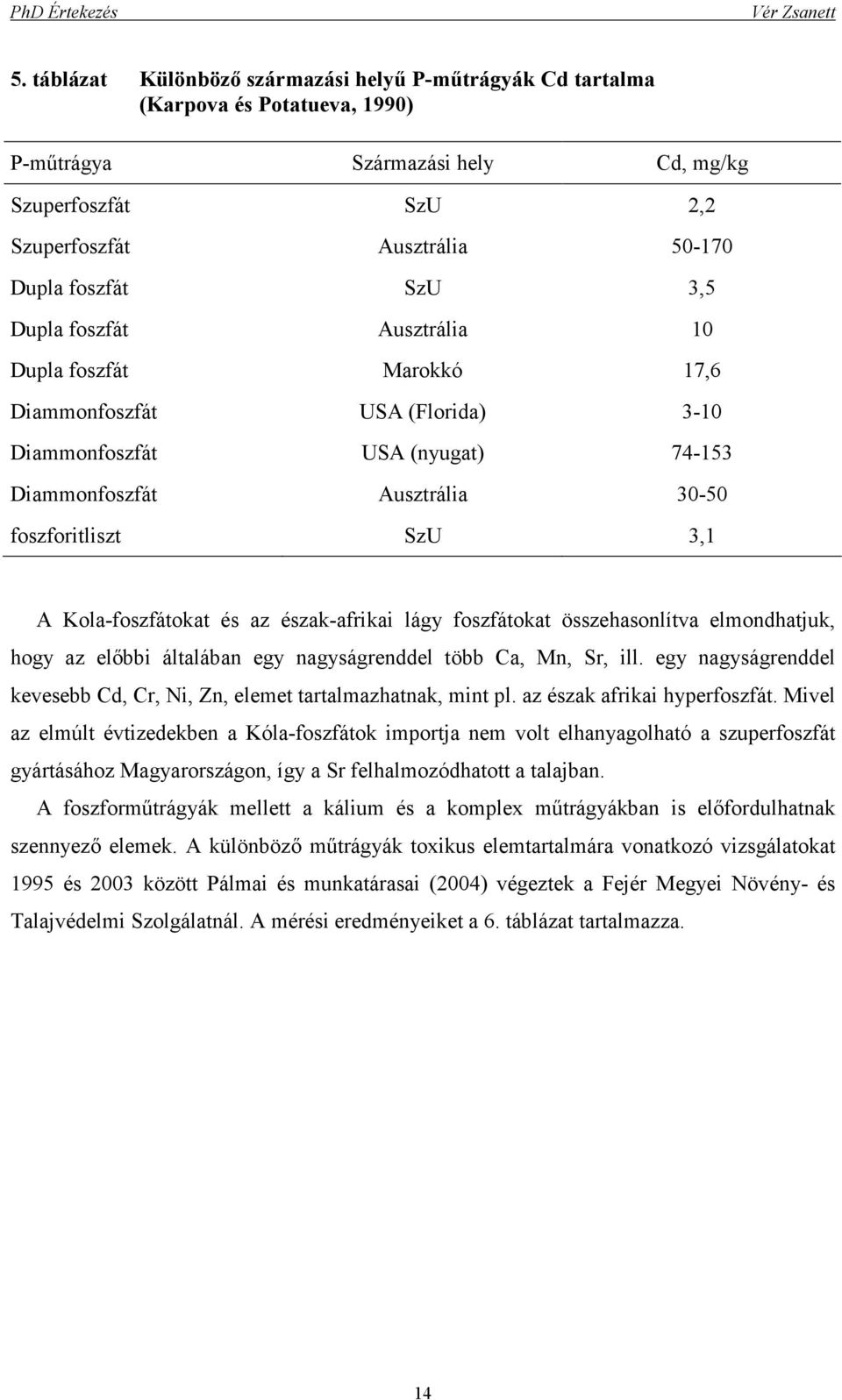 Kola-foszfátokat és az észak-afrikai lágy foszfátokat összehasonlítva elmondhatjuk, hogy az elıbbi általában egy nagyságrenddel több Ca, Mn, Sr, ill.