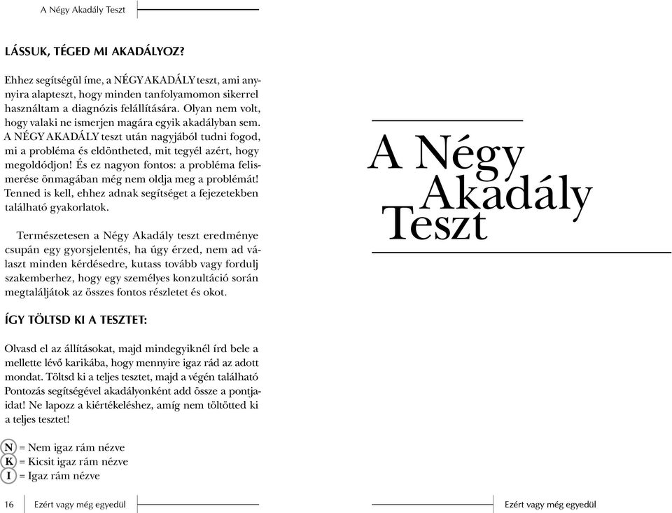 És ez nagyon fontos: a probléma felismerése önmagában még nem oldja meg a problémát! Tenned is kell, ehhez adnak segítséget a fejezetekben található gyakorlatok.