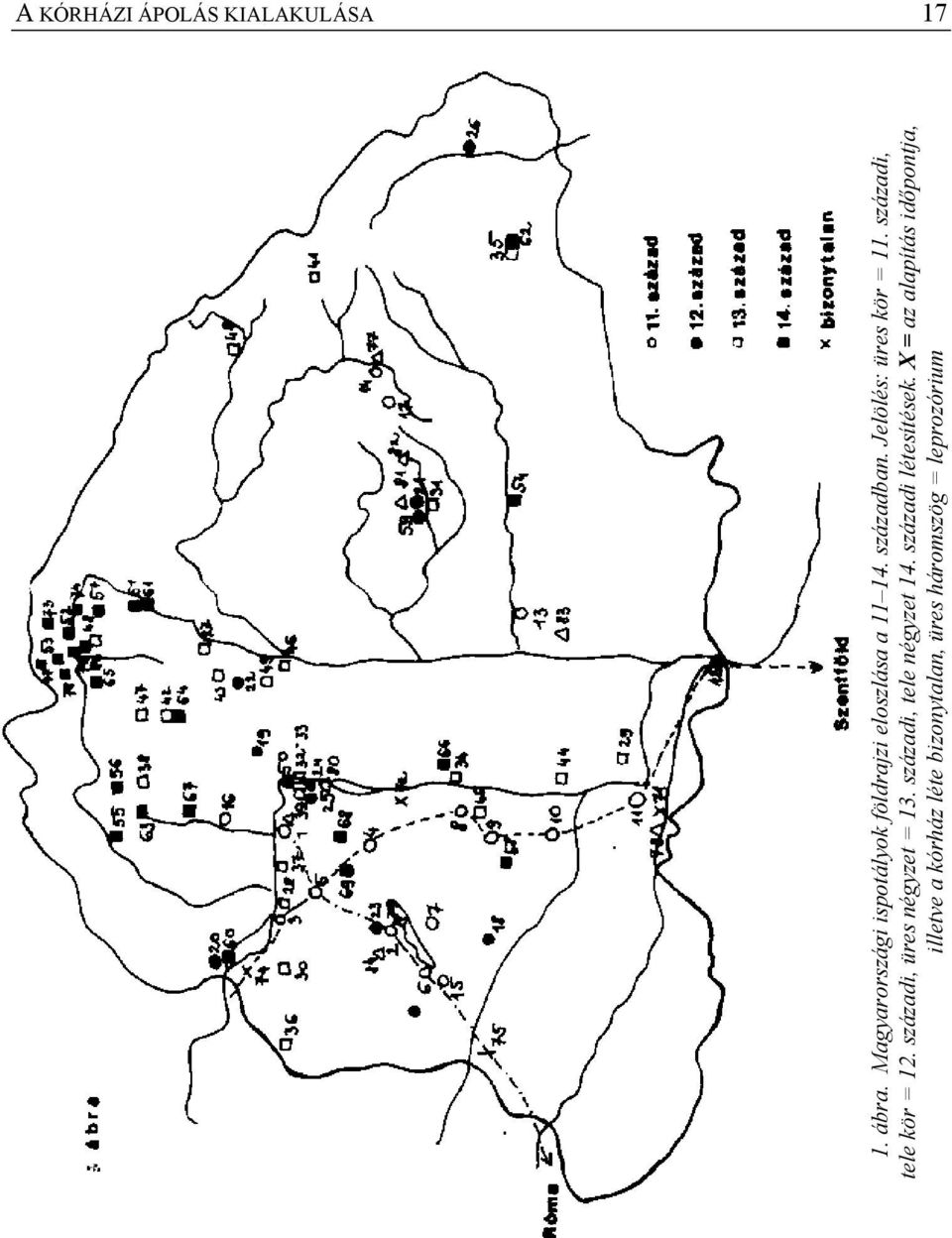 Jelölés: üres kör = 11. századi, tele kör = 12. századi, üres négyzet = 13.